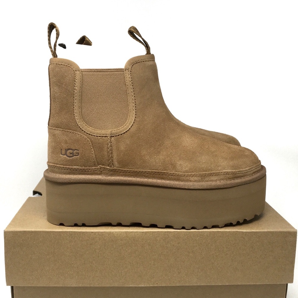 🔴SOLD Ugg Neumel Platform Chelsea Boots Chestnut Suede Shearling Sheepskin - Picture 4 of 15